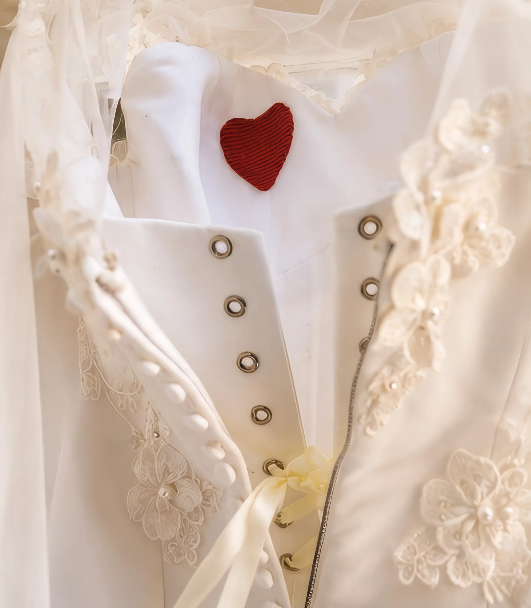 Detail of Clara's bespoke Kosibah gown, partly unfastened: a corset with metal eyelets and an ivory ribbon lacing, a row of covered buttons, pearl-centred floral lace appliqués, and a small red heart stitched inside the bodice.