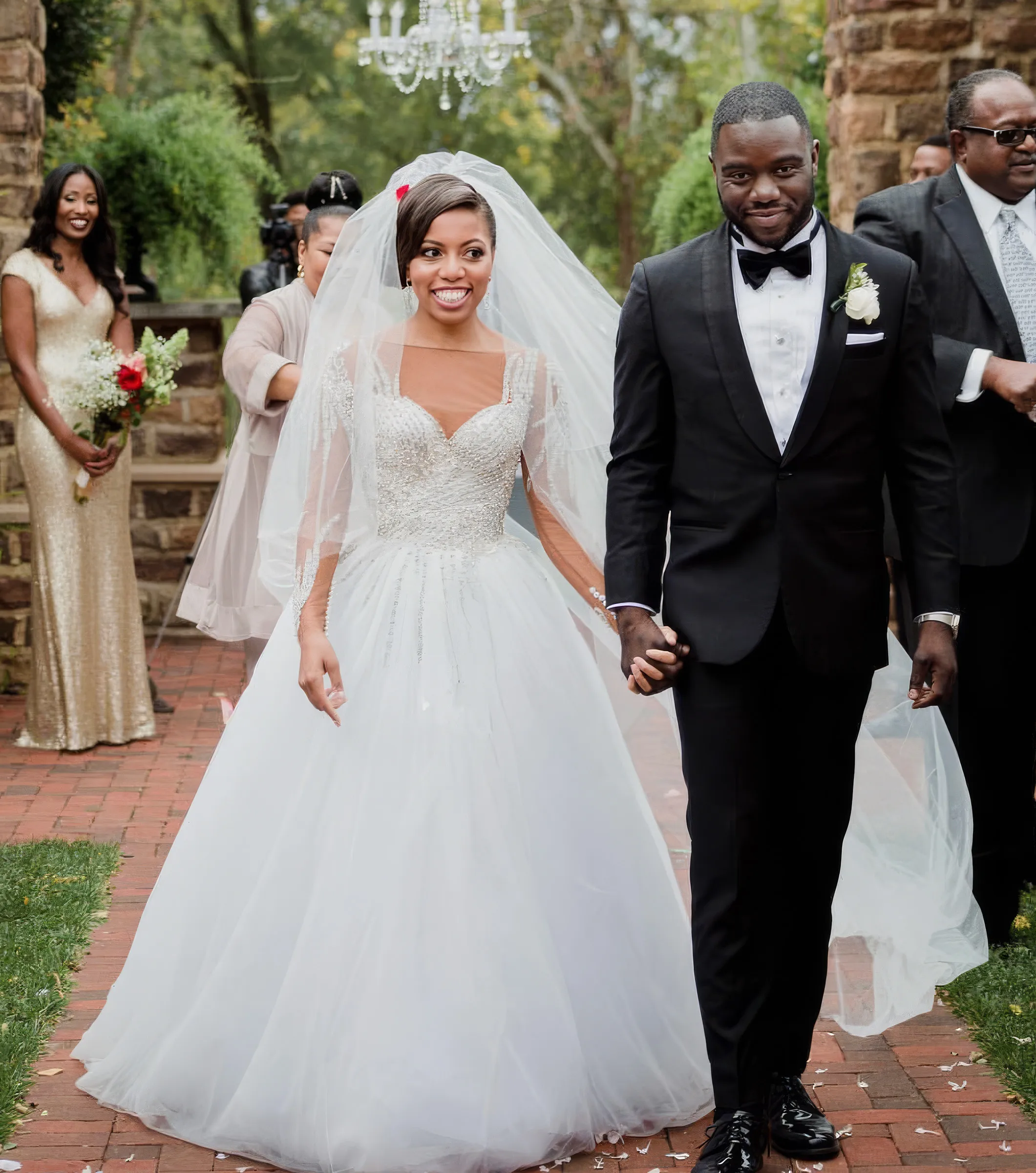Martina walks along the aisle past her guests, hand in hand with her husband in a black tuxedo. Her couture gown has an intricately beaded bodice, sheer illusion sleeves and a full tulle ballgown skirt, with a long veil.