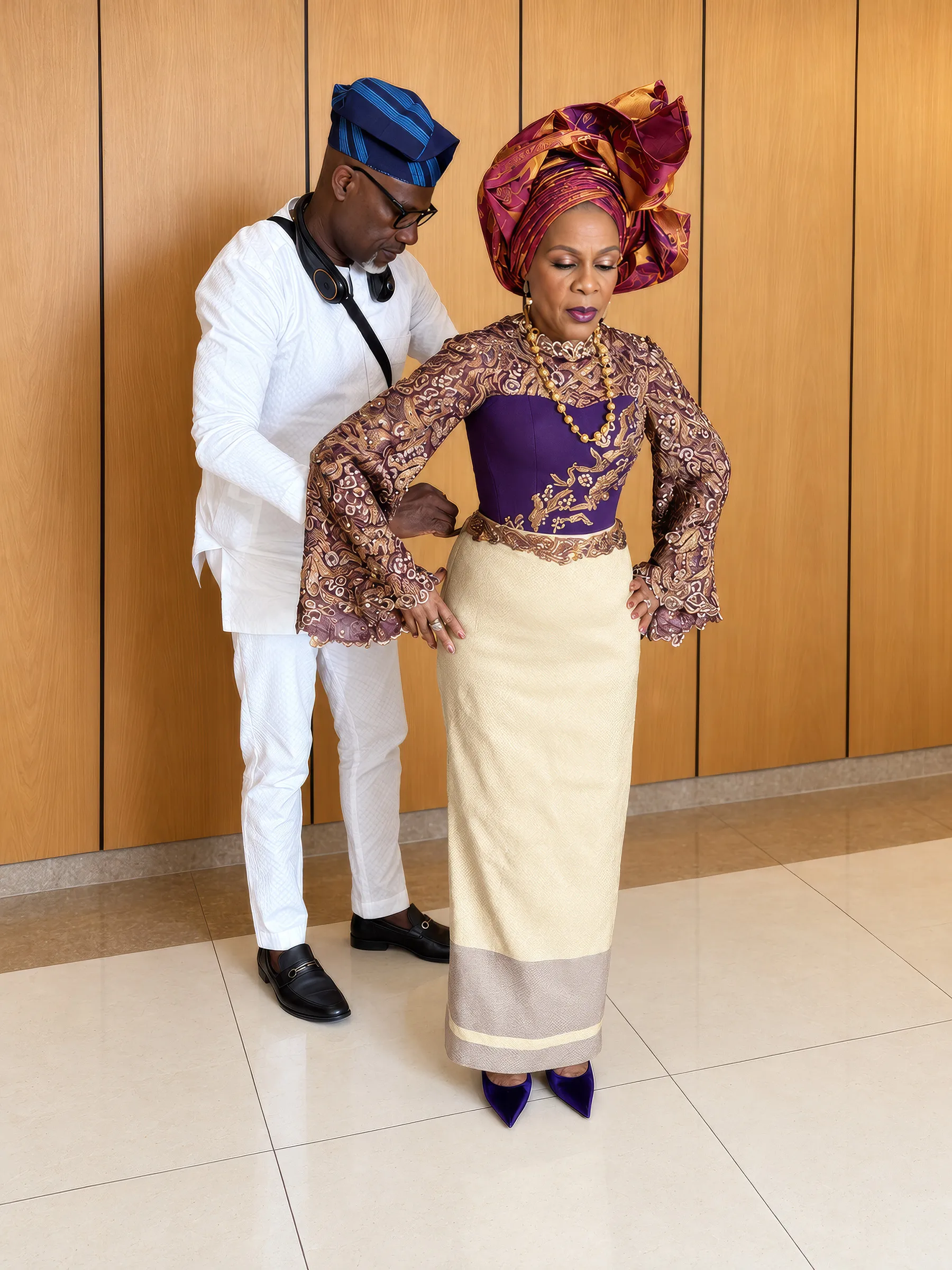 A man in white with a blue cap fastens the back of Dupe's purple Aso Oke corset. The full ensemble shows: lace top with flared sleeves, fitted gold Aso Oke skirt with a purple woven band at the hem, purple heels.