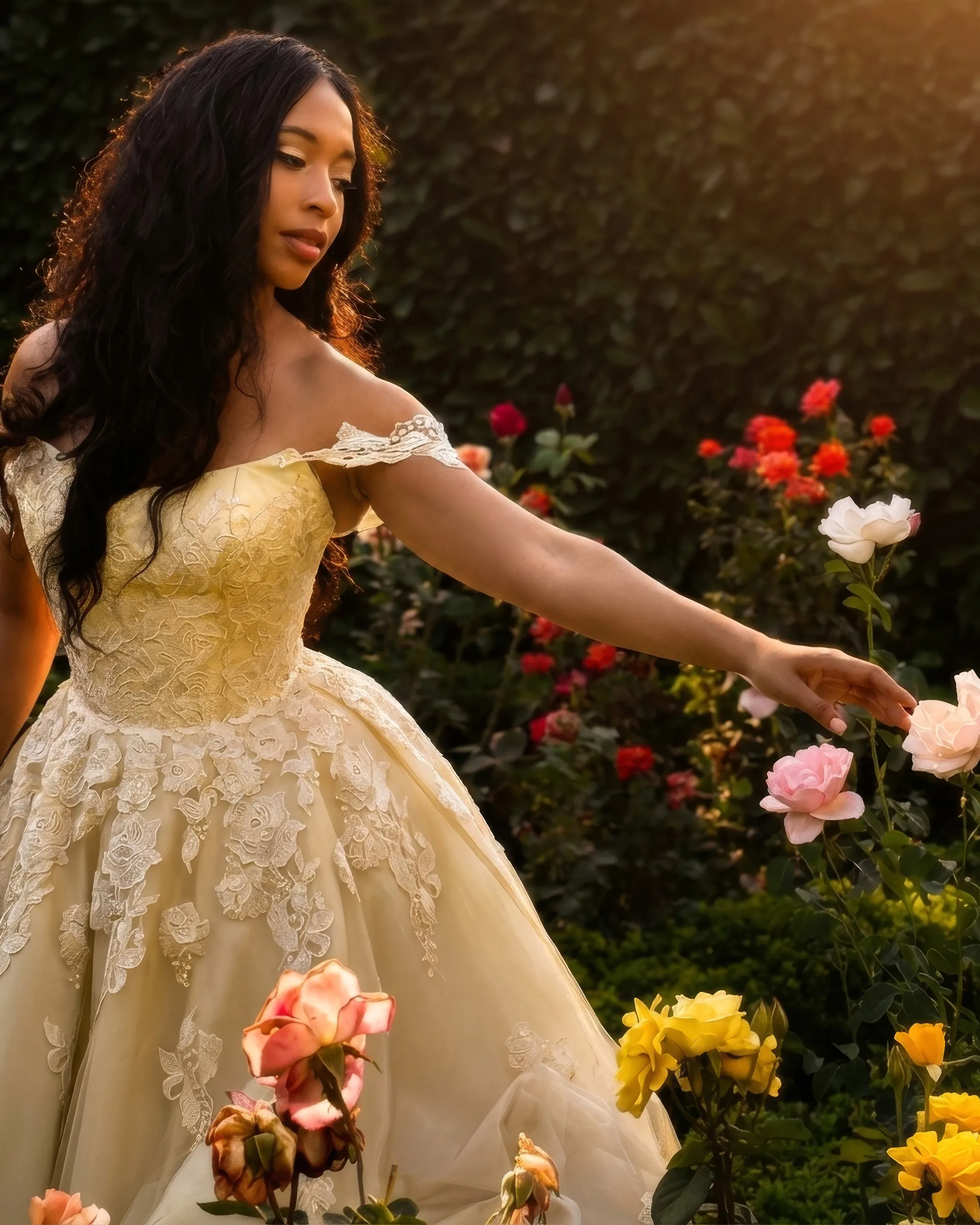 Amber reaching toward pink and yellow roses: lace appliqués climb the bodice and spill over the full tulle skirt, and a scalloped lace strap sits off the shoulder.