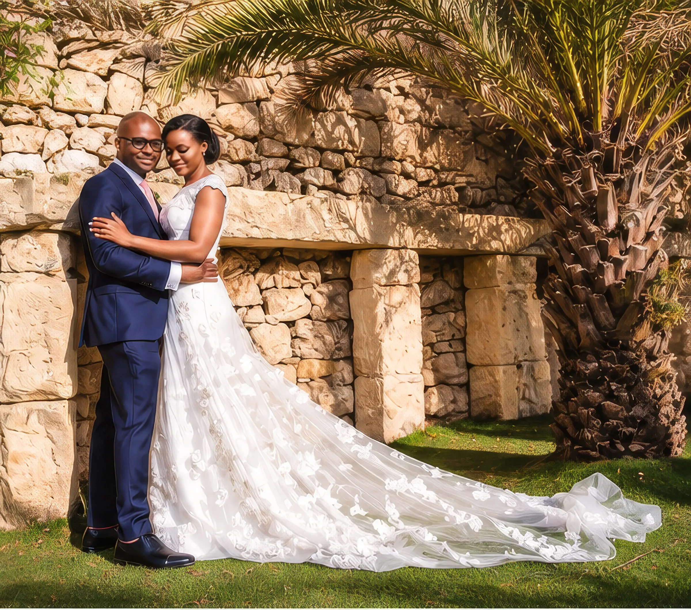Clara and her husband embrace against a sunlit limestone wall beneath a palm tree in Malta, her sweeping tulle train, scattered with three-dimensional floral lace appliqués, spread across the grass.