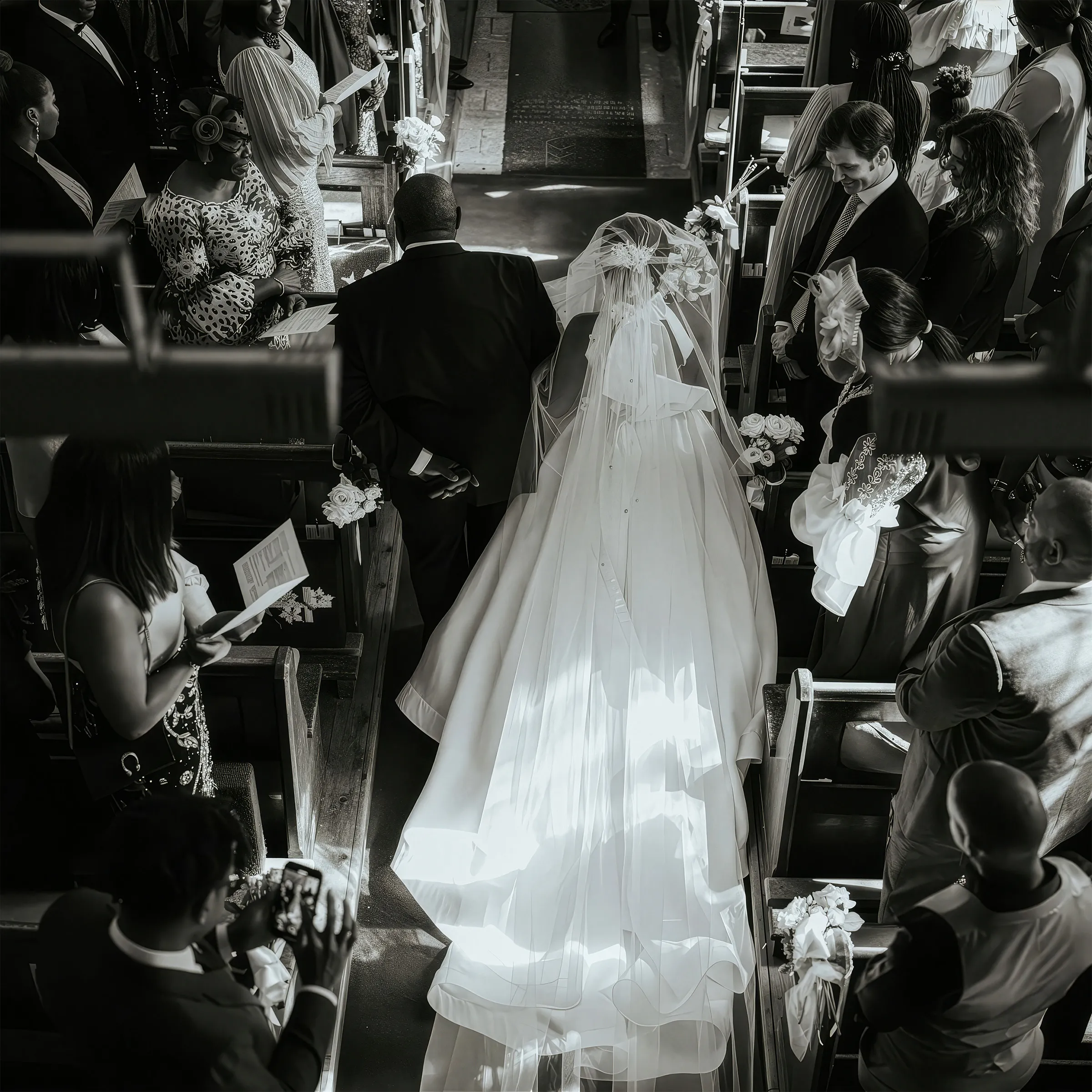 Black and white view from above as Ife walks down the aisle of the church in Essex beside an older man in a dark suit, her veil and the voluminous overskirt of her couture gown spilling behind her.