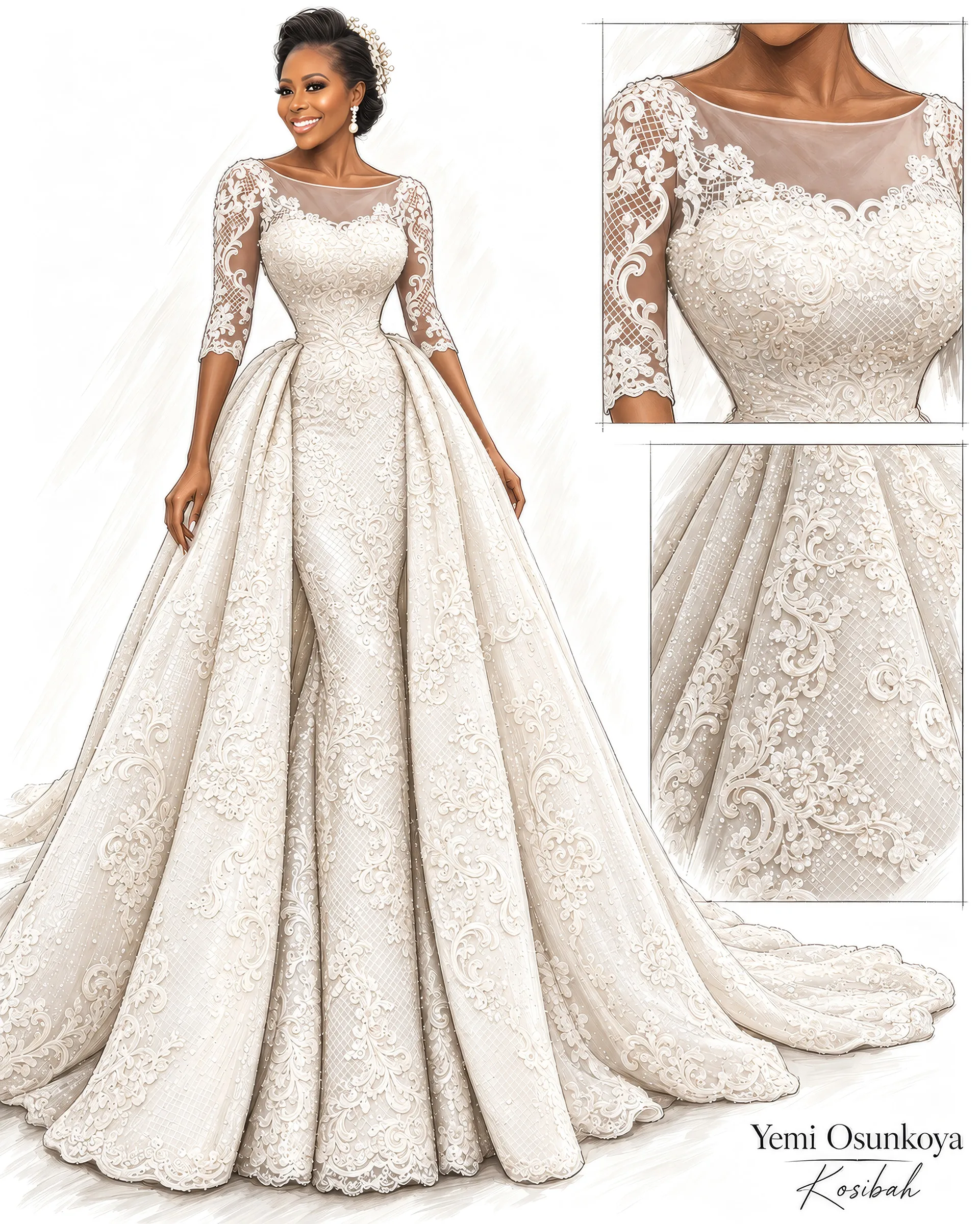 Fashion illustration of Abies's gown, signed Yemi Osunkoya, Kosibah: an illusion neckline, three-quarter-length lace sleeves and a sculpted lace gown under a dramatic detachable overskirt and train, with close-ups of bodice and lace.