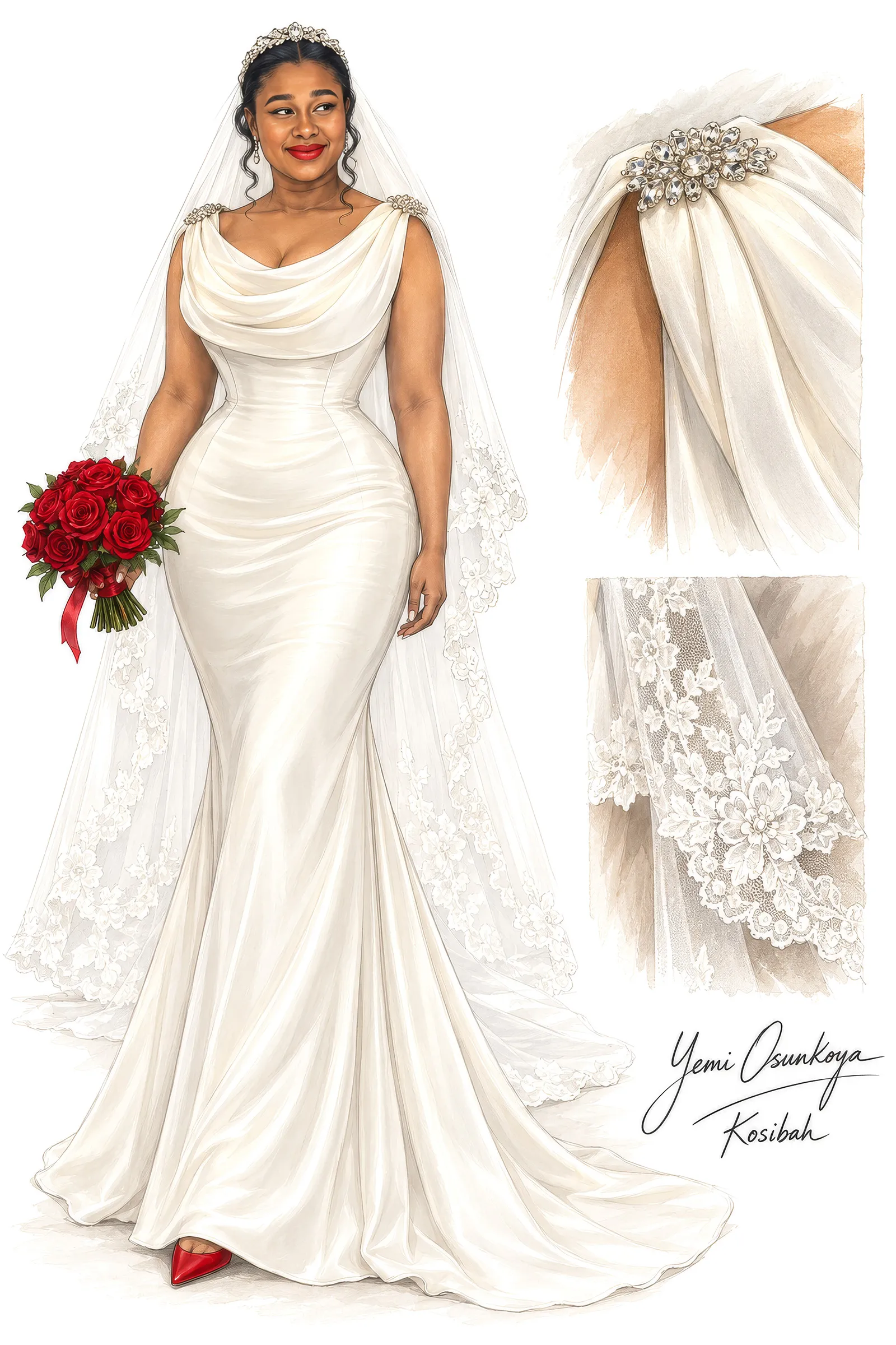Fashion illustration of Lola's gown, signed Yemi Osunkoya, Kosibah: a softly draped cowl neckline with jewelled shoulder accents and a figure-hugging silhouette flowing into a flared hem, with a lace-edged veil and close-ups.