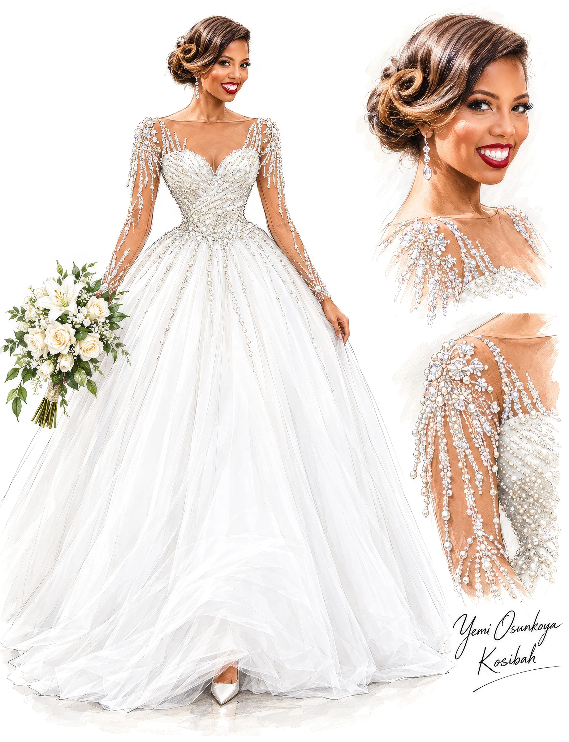Fashion illustration of Martina's gown, signed Yemi Osunkoya, Kosibah: long illusion sleeves with cascading beaded fringes, a beaded sweetheart bodice and a voluminous tulle ballgown skirt, with close-ups of her face and sleeve.
