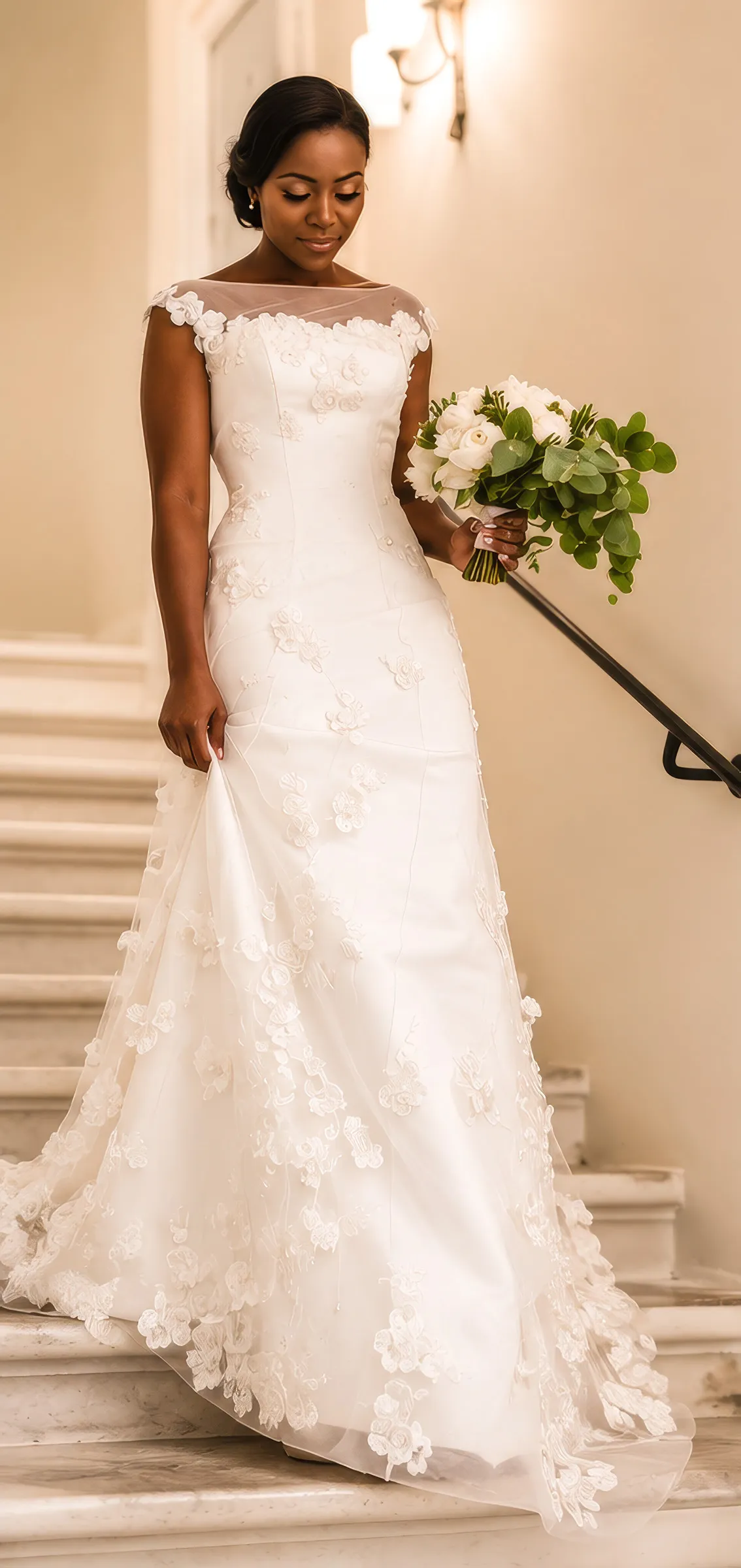 Clara descends a staircase holding her bouquet, in a sculpted, fitted Kosibah couture gown with a sheer illusion neckline, cap sleeves and three-dimensional floral lace appliqués flowing into a tulle train.