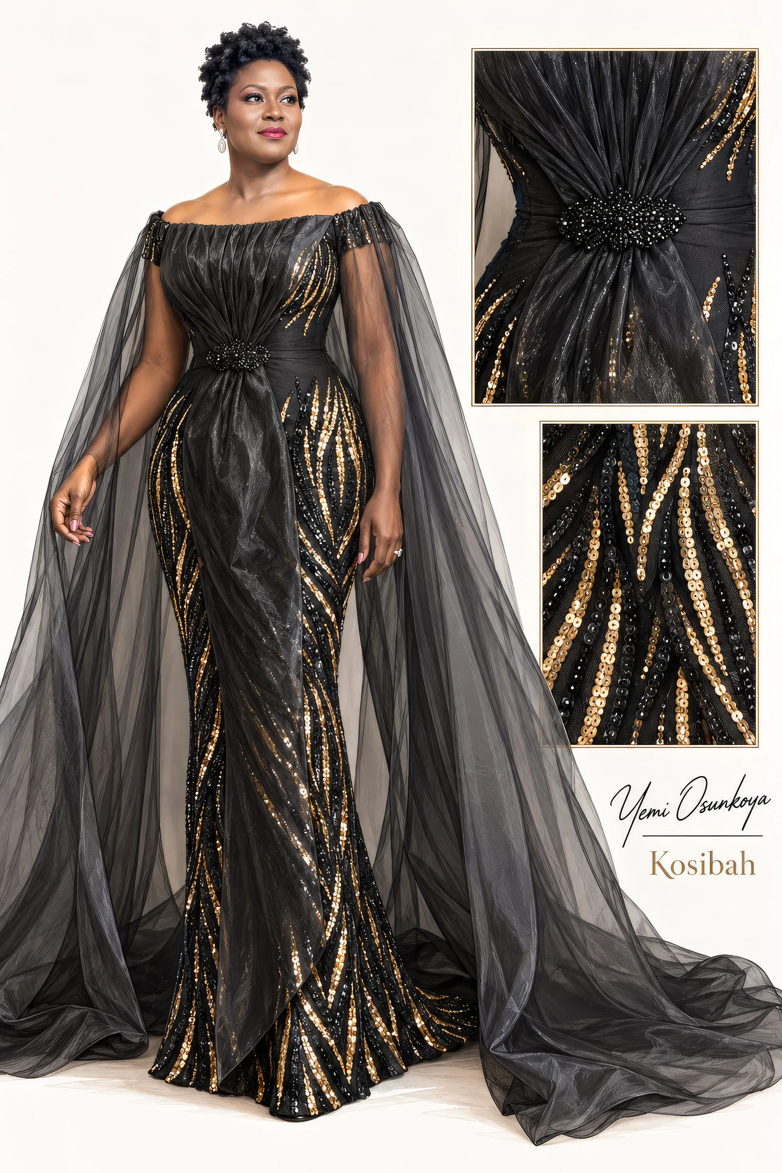 Kosibah fashion illustration for Jackie's gown, signed Yemi Osunkoya, Kosibah. A full-length photograph shows the black off-shoulder evening gown in gold and black sequinned lace with a sheer organza cape; two detail close-ups show the beaded waist brooch and the sequin pattern.