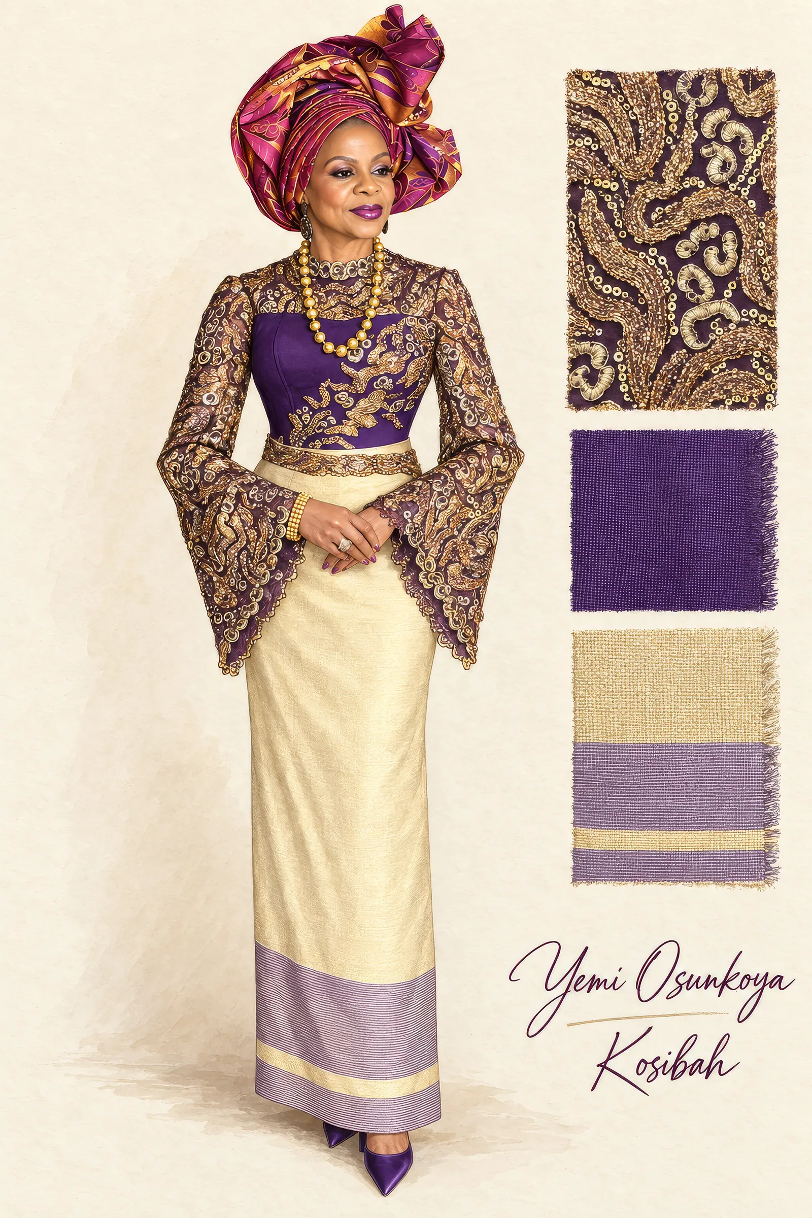 Fashion illustration of Dupe in the full ensemble and gele, with three fabric swatches beside her: gold sequinned lace on purple, purple Aso Oke, and gold Aso Oke with purple woven bands. Signed Yemi Osunkoya, Kosibah.