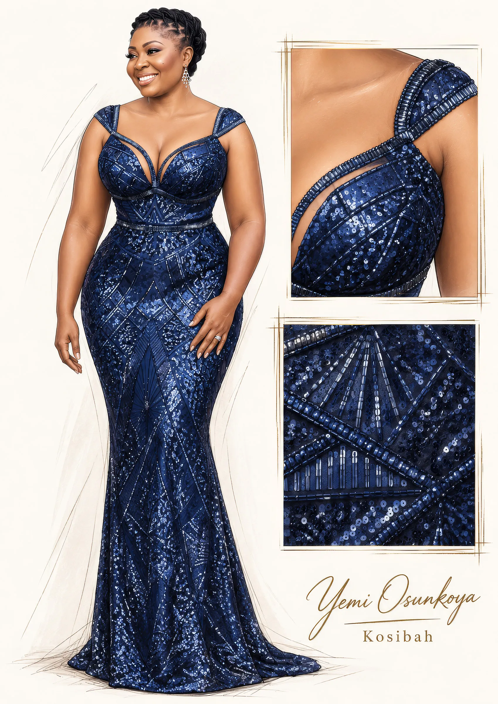 Fashion illustration of Nana's evening gown, signed Yemi Osunkoya, Kosibah: midnight-blue sequinned lace with geometric motifs, a plunging neckline with beaded straps and a sculpted hourglass silhouette, with close-ups.