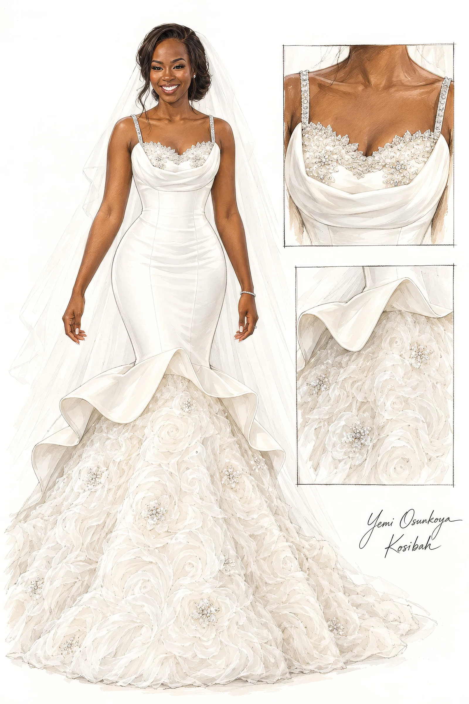 Fashion illustration of Nana Ama's gown, signed Yemi Osunkoya, Kosibah: a draped cowl neckline with beaded straps, a sculpted fitted bodice and a trumpet skirt of three-dimensional fabric roses, with close-ups of neckline and skirt.