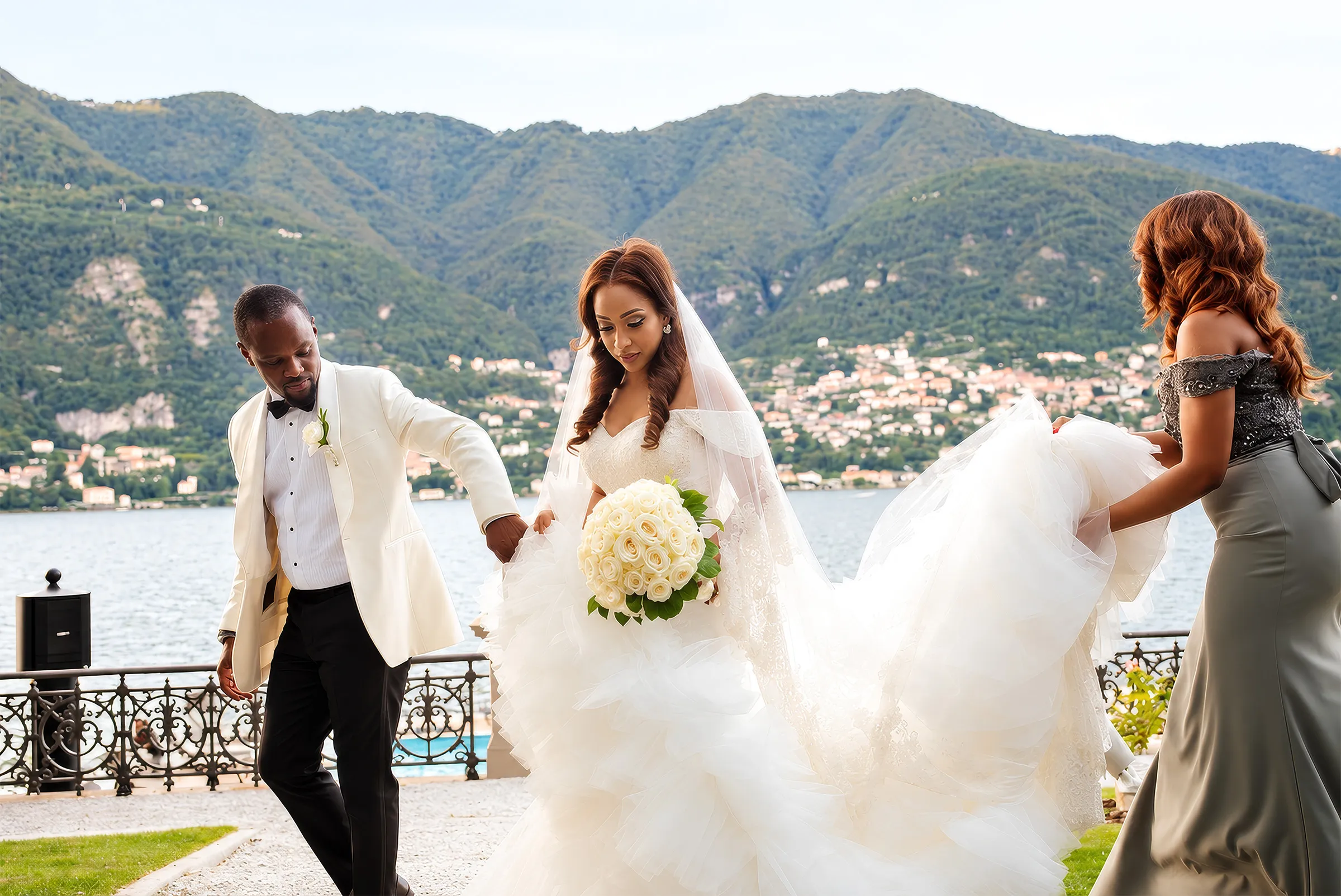 Layal, in her bespoke Kosibah couture bridal gown, holds her bouquet of cream roses as her husband leads her along the lakeside at Lake Como, Italy, and a bridesmaid lifts her cascading ruffled tulle skirt.