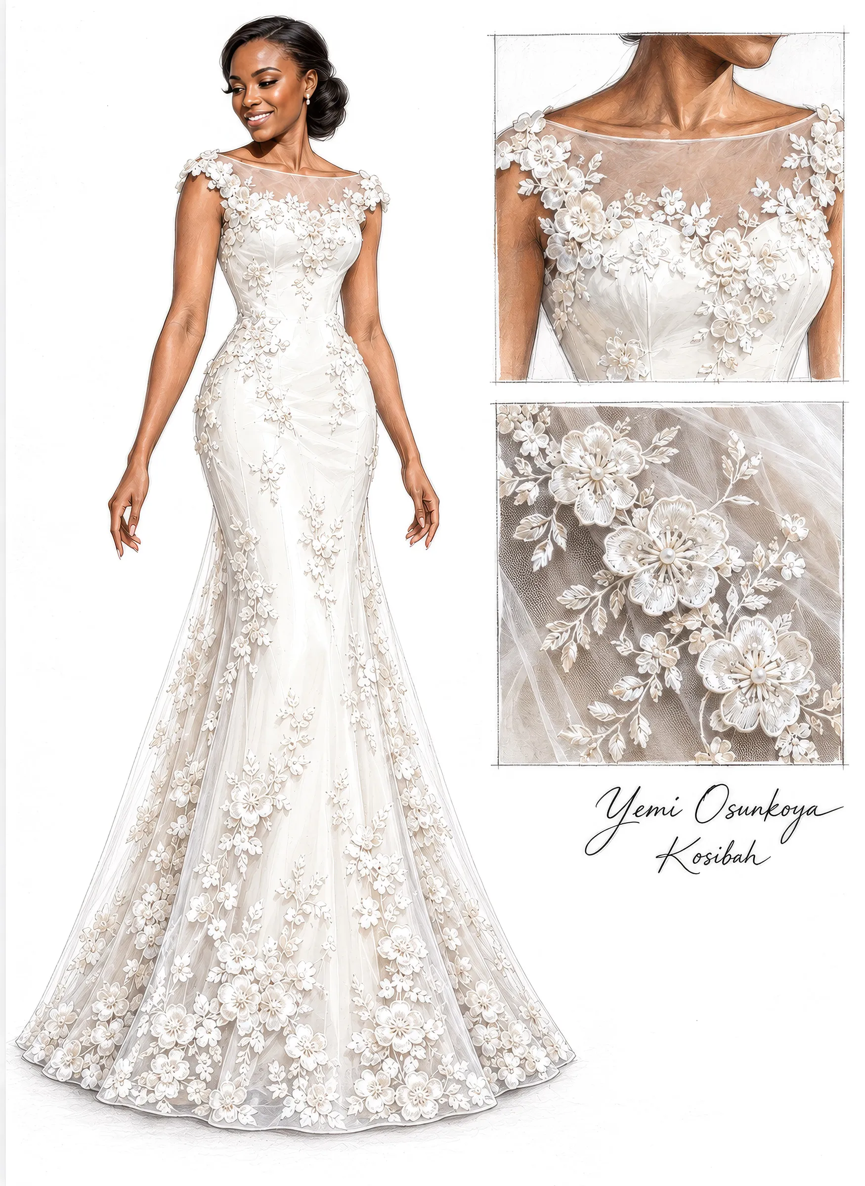 Fashion illustration of Clara's gown, signed Yemi Osunkoya, Kosibah: a sheer illusion neckline with cap sleeves and a sculpted, fitted silhouette covered in three-dimensional floral lace appliqués, flowing into a tulle train, with close-ups.