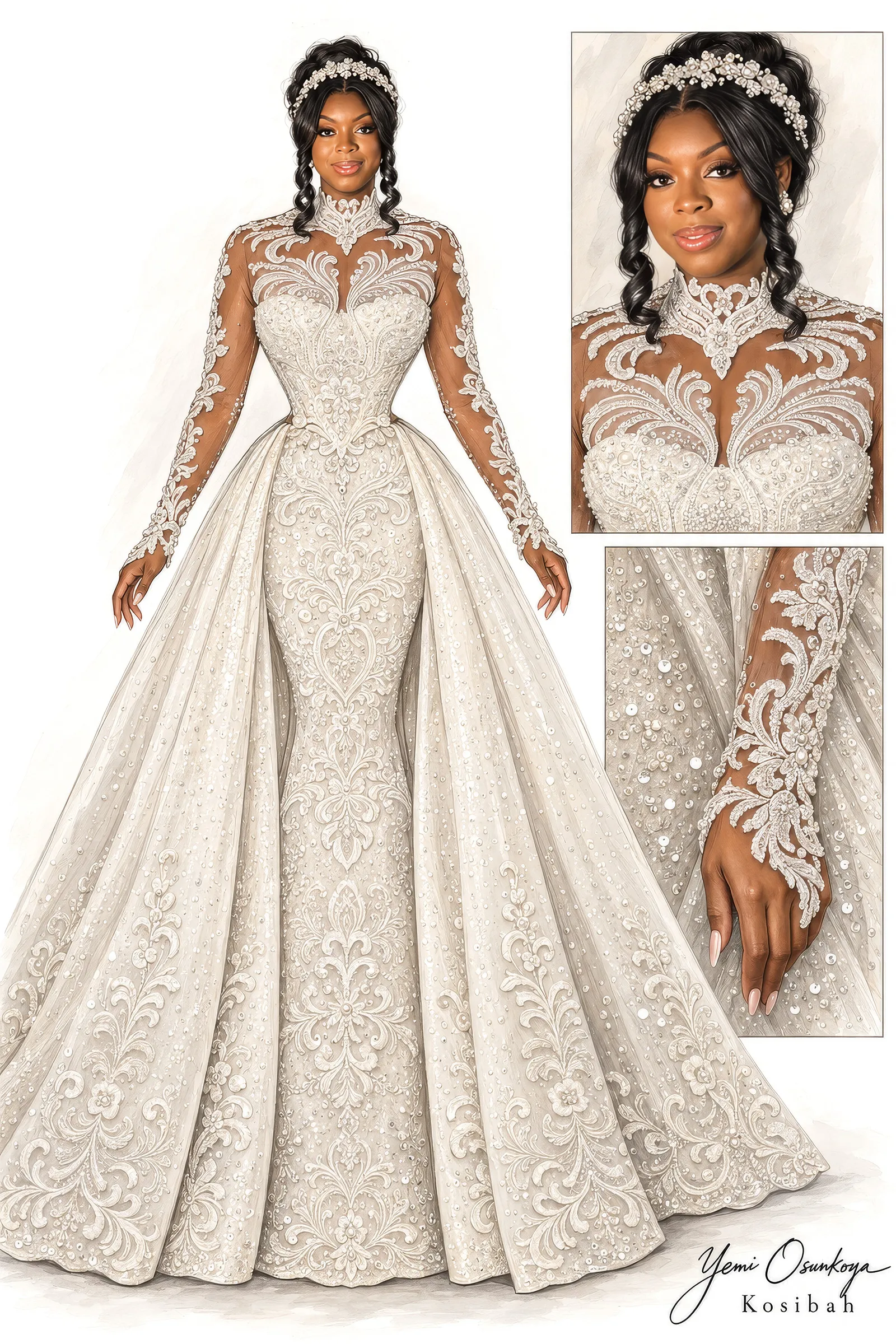 Fashion illustration of Cathy's gown, signed Yemi Osunkoya, Kosibah: a high lace-appliquéd illusion neckline, long sheer sleeves, a sculpted, figure-hugging embroidered gown and a detachable train, with close-ups of the neckline and sleeve.