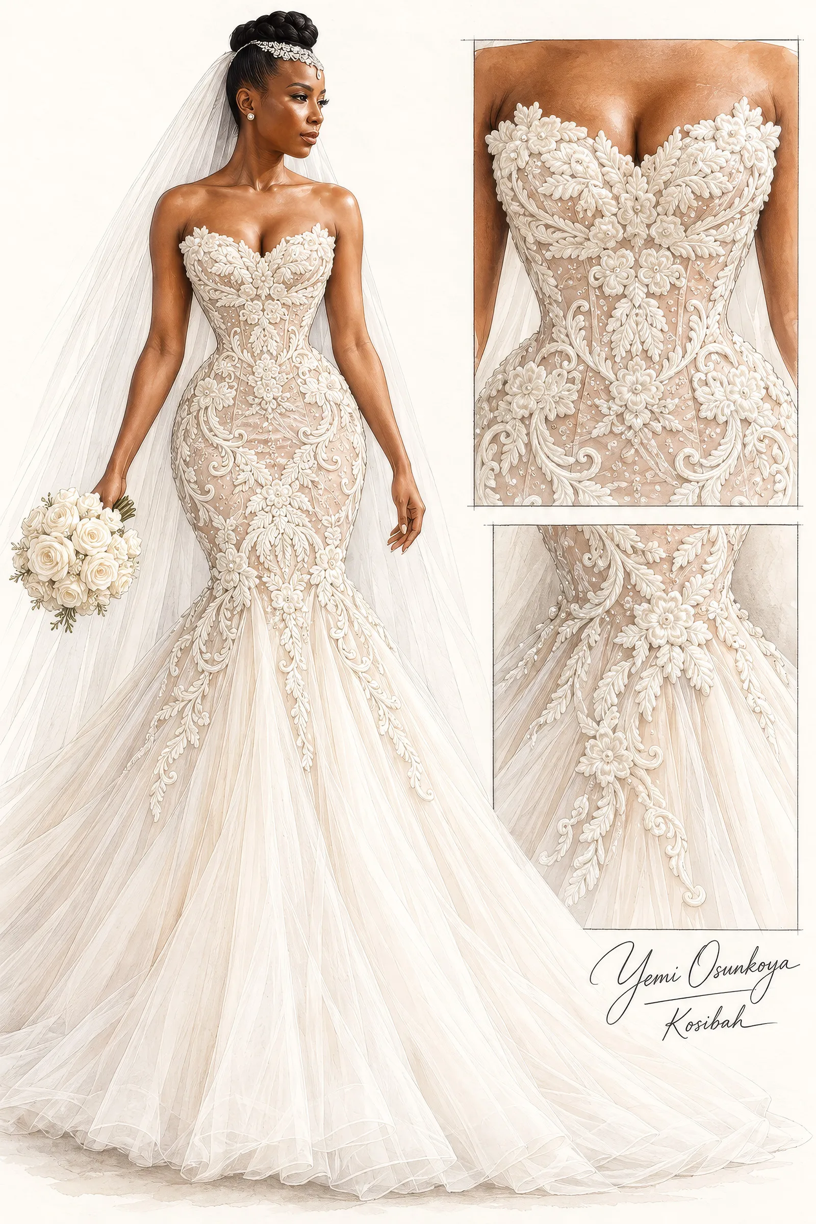 Fashion illustration of Denise's gown, signed Yemi Osunkoya, Kosibah: a strapless sweetheart neckline, a peach-toned corseted bodice under three-dimensional floral lace appliqués, a mermaid silhouette and layered tulle train, with close-ups.