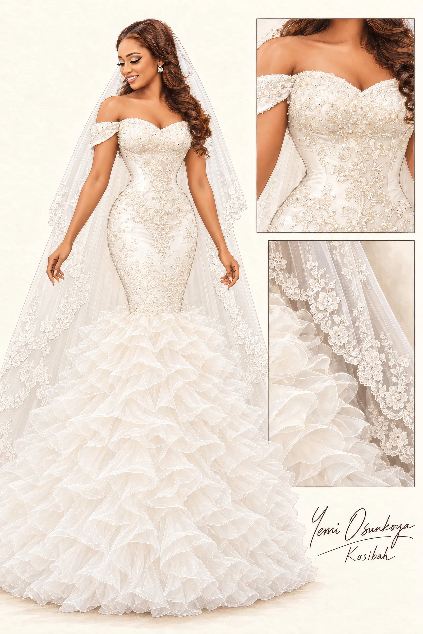 Fashion illustration of Layal's gown, signed Yemi Osunkoya, Kosibah: an embellished off-the-shoulder sweetheart bodice, a sculpted silhouette, a cascading ruffled tulle skirt and a lace-edged veil, with close-ups.