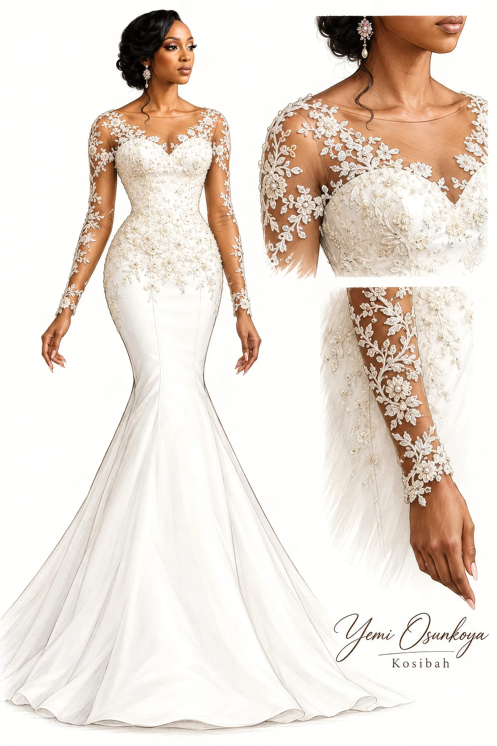 Fashion illustration of Cherelle's gown, signed Yemi Osunkoya, Kosibah: an illusion neckline, fitted bodice and long sheer sleeves covered in floral lace appliqués above a flared skirt, with close-ups of the neckline and sleeve.