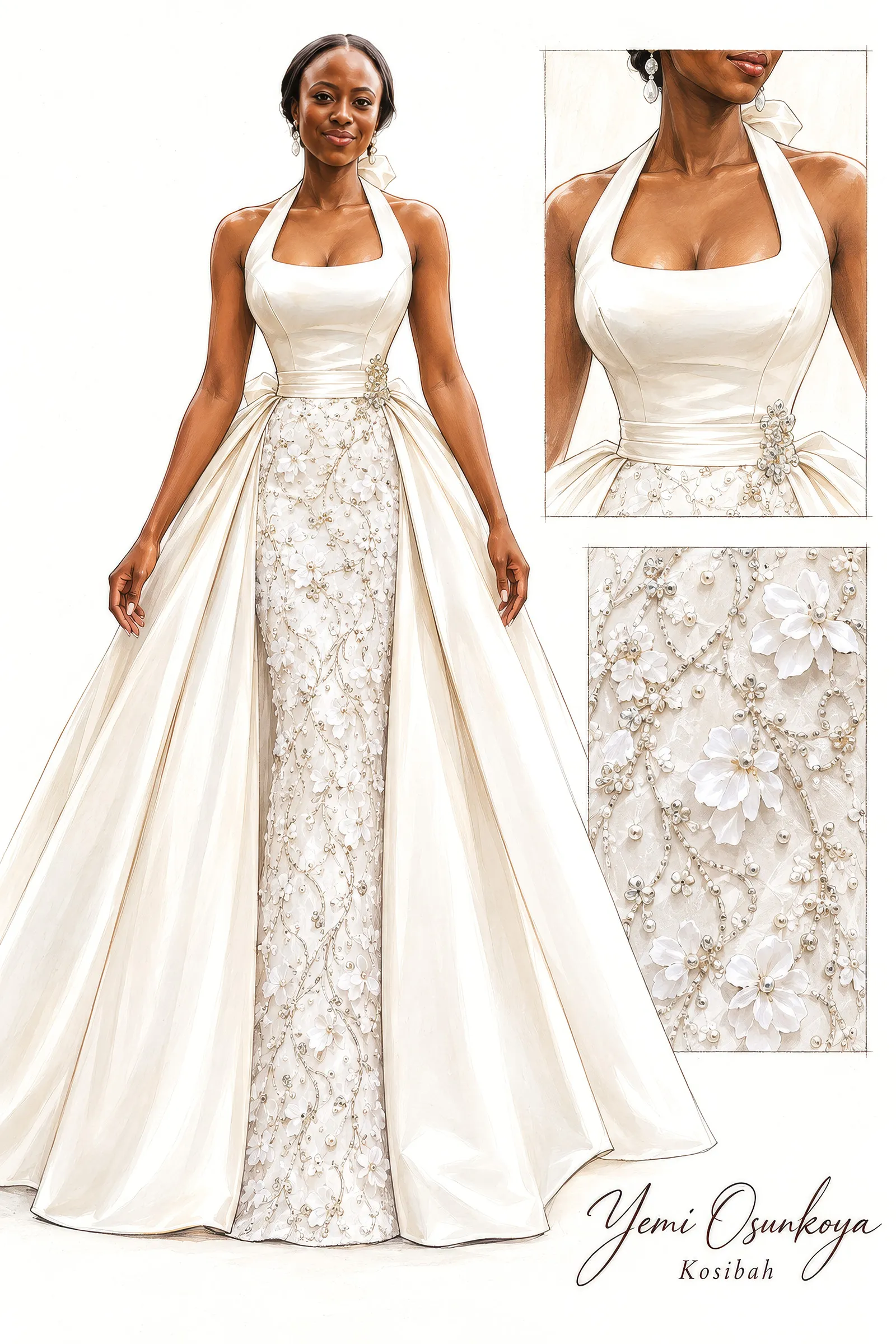 Fashion illustration of Ife's gown, signed Yemi Osunkoya, Kosibah: a sculpted halter-neck bodice, a figure-hugging skirt of three-dimensional floral appliqués and beadwork, and a detachable overskirt, with close-ups.