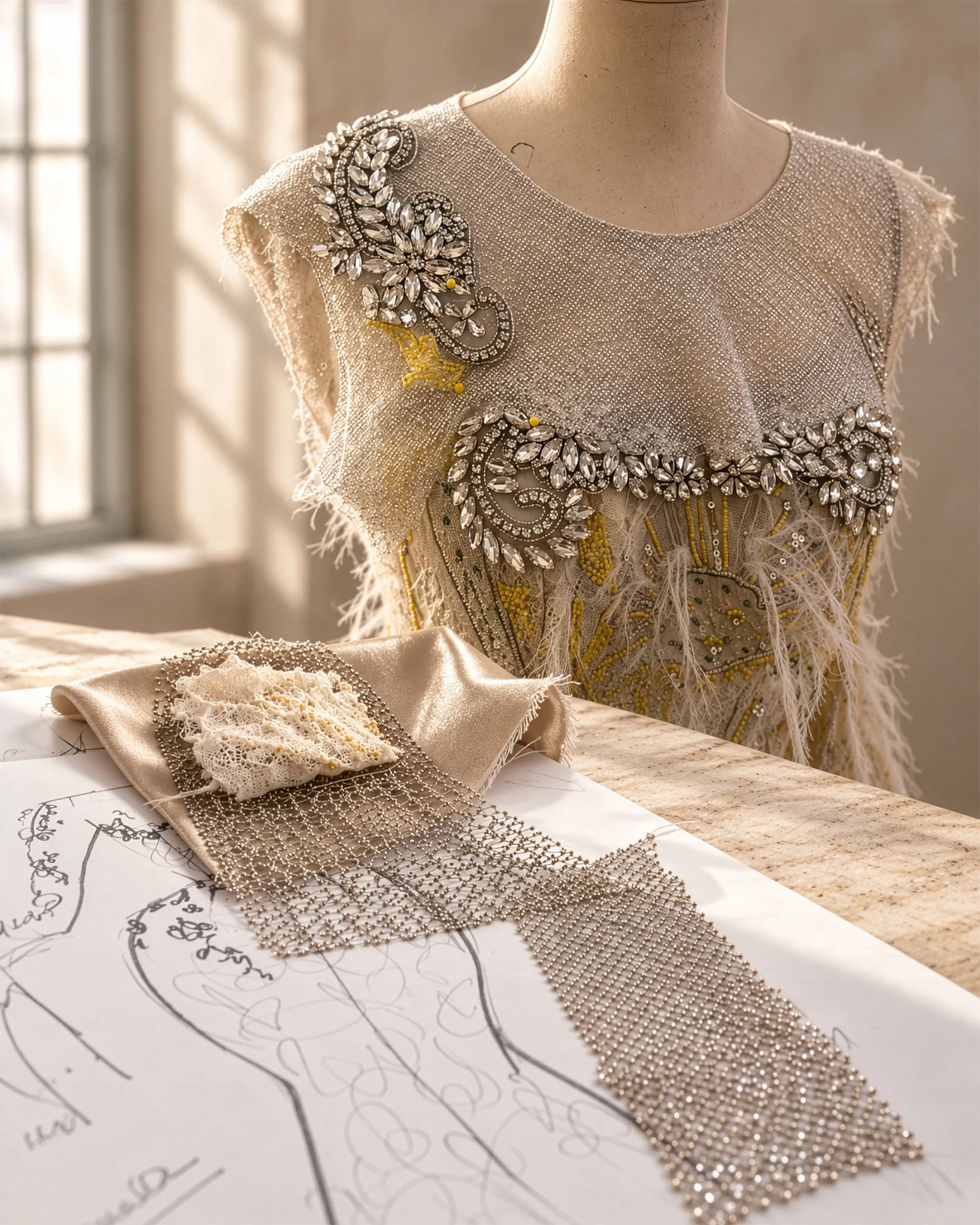 A beaded and feathered bodice with crystal appliqués on a dress form, above swatches of silk, lace and crystal mesh laid on the sketch.