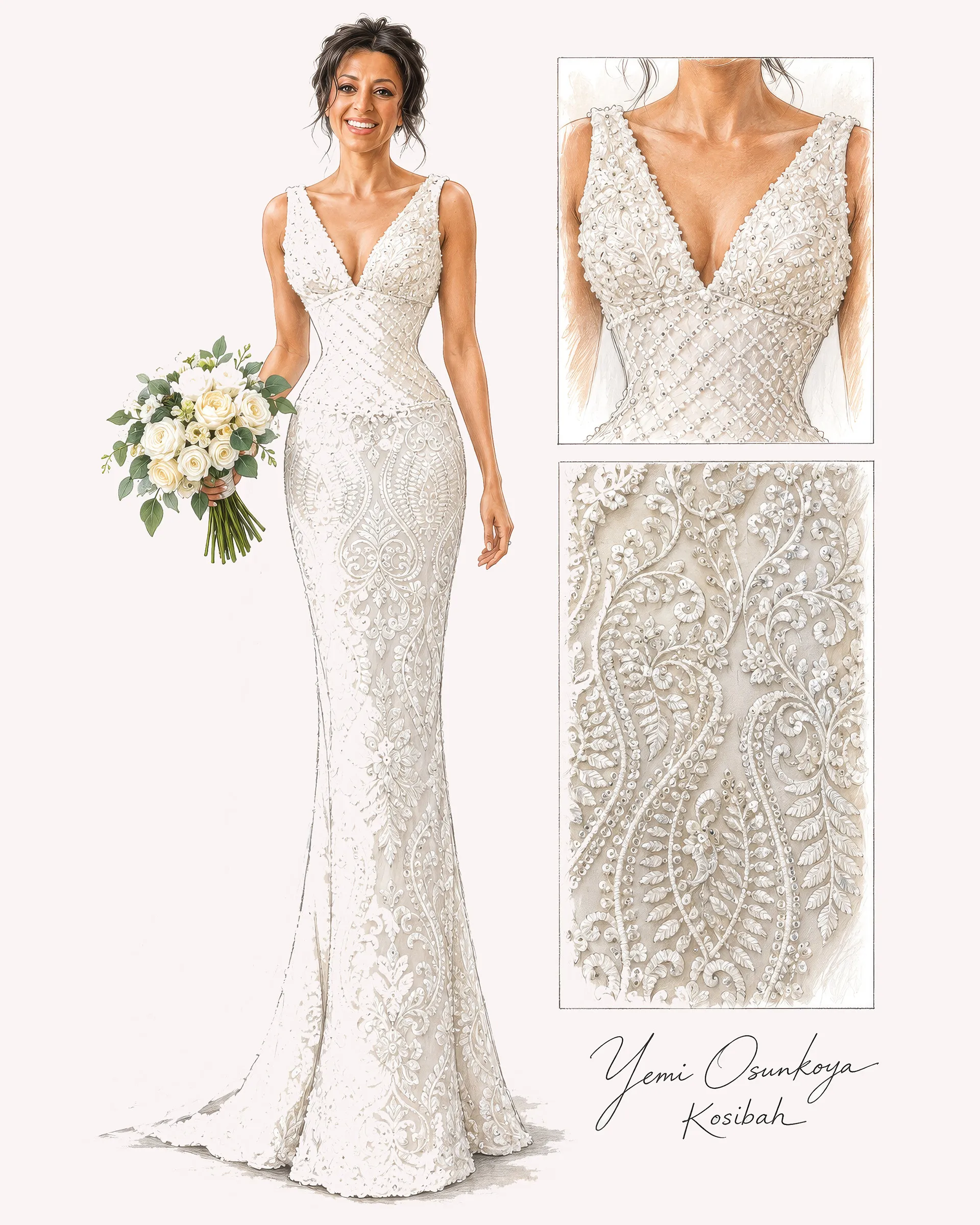 Yemi’s signed illustration of a smiling bride holding white roses, in a fitted, beaded lace gown, with close-up panels of the bodice and the lace.